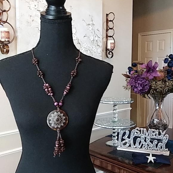 Jewelry - Coffee Bean Necklace With Floral Disk Pendant